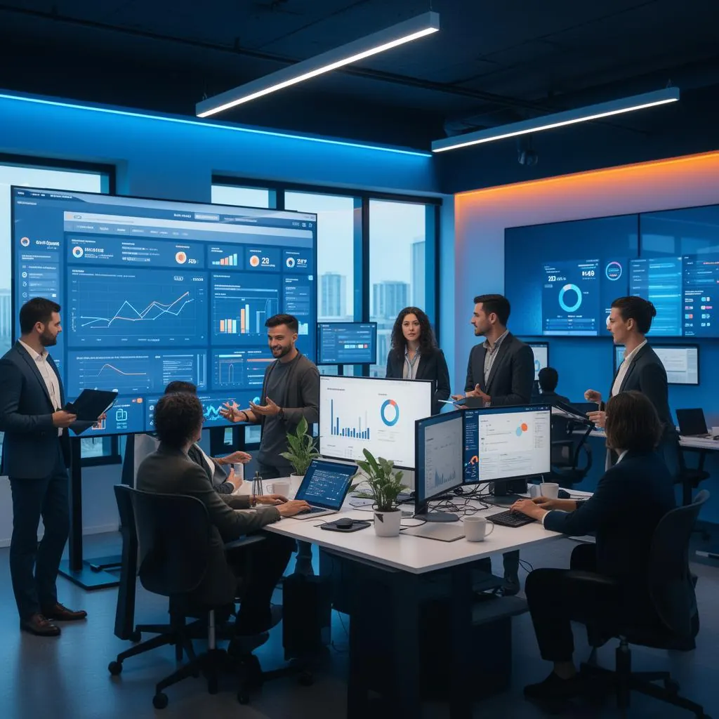 Connect Firm digital marketing team collaborating on analytics dashboards in a modern office