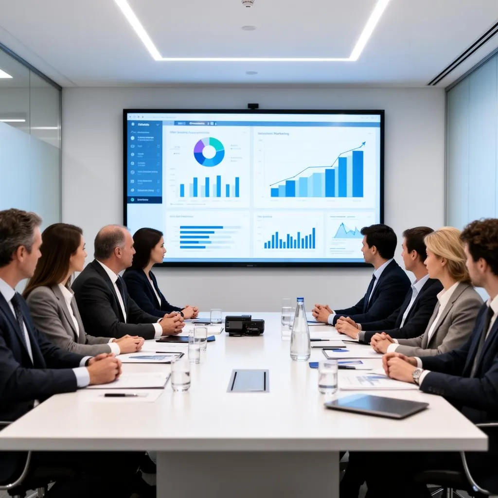 Connect Firm business strategy meeting with analytics on screen