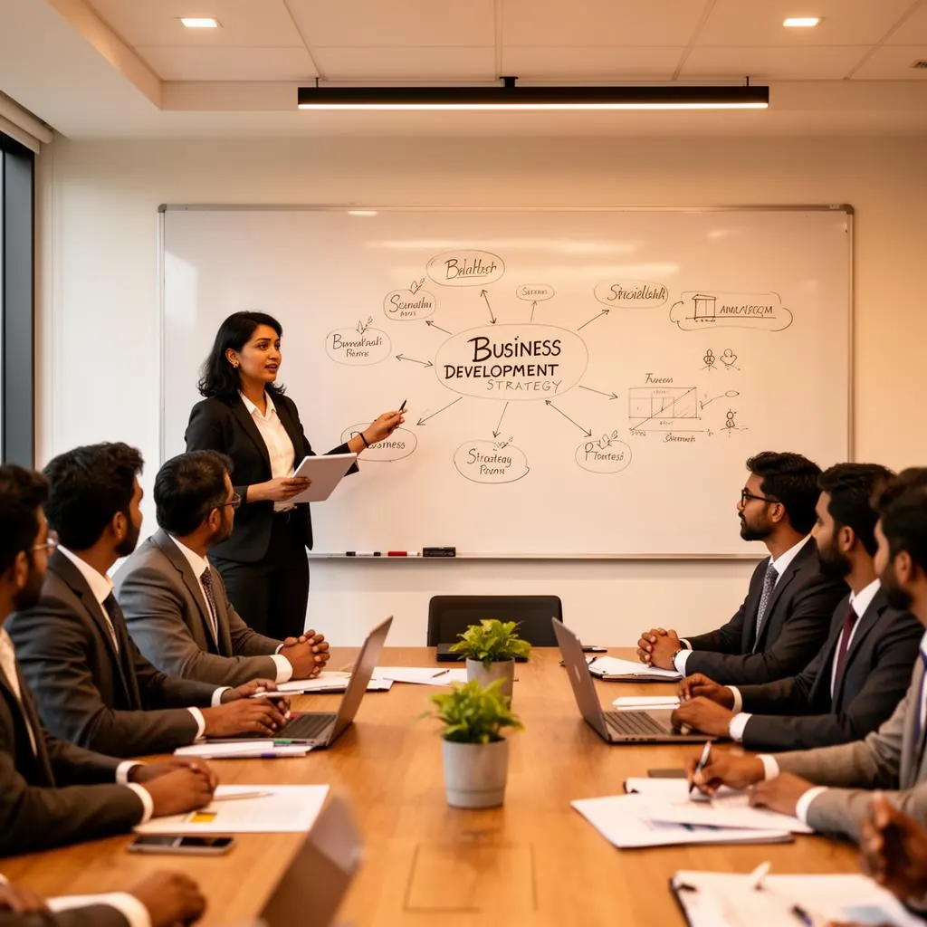 Bangladeshi branding consultant presenting business development strategy to a diverse team at Connect Firm Dhaka office with whiteboard diagrams