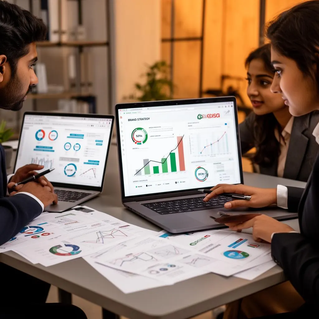 Bangladeshi business consultant analyzing brand strategy charts and growth analytics on laptops at Connect Firm Dhaka office