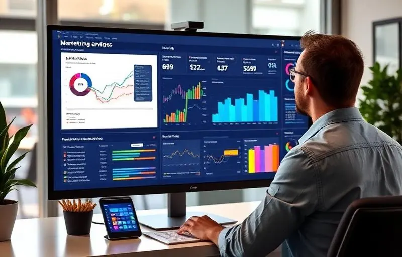 Marketing analyst reviewing digital campaign analytics dashboard with colorful graphs on a large monitor