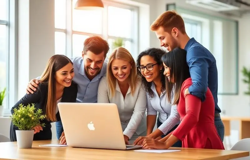 Marketing team discussing local SEO strategy around a laptop in a bright modern office