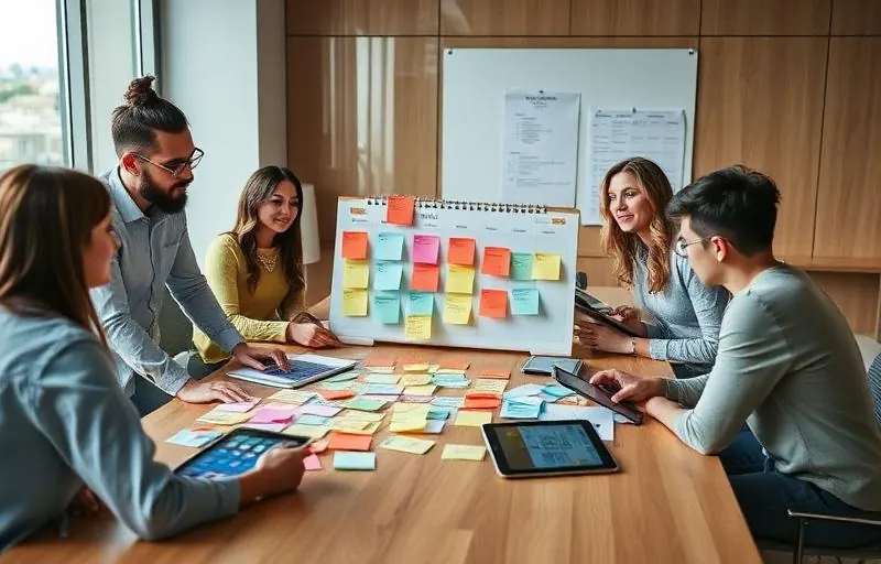 Creative team brainstorming social media content calendar with sticky notes and tablets on a conference table