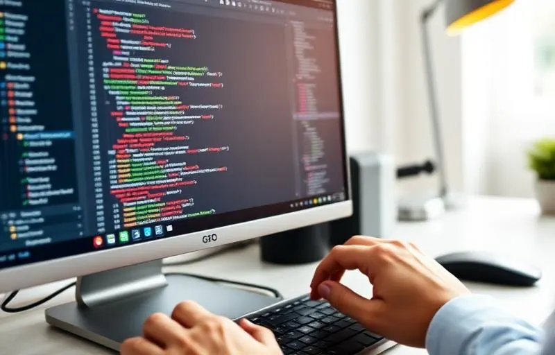 Developer writing React code on a modern computer screen in a clean workspace