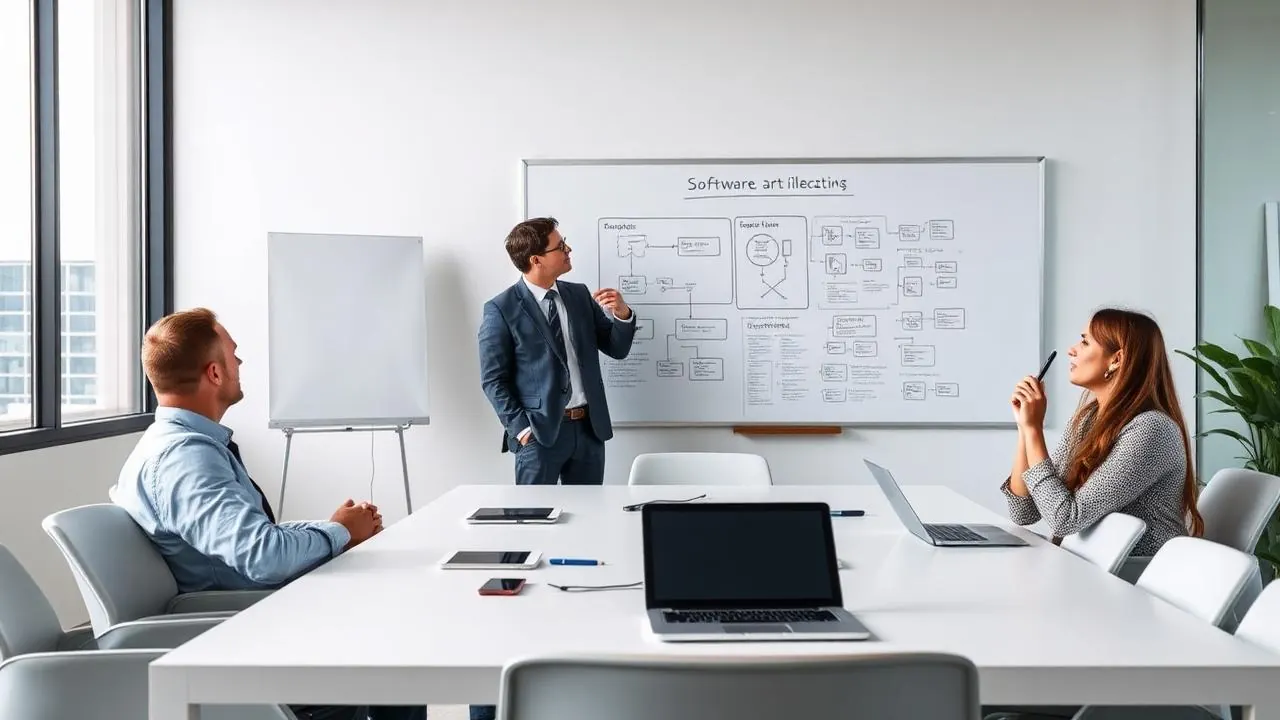 Connect Firm team discussing software architecture and development strategy in a modern conference room