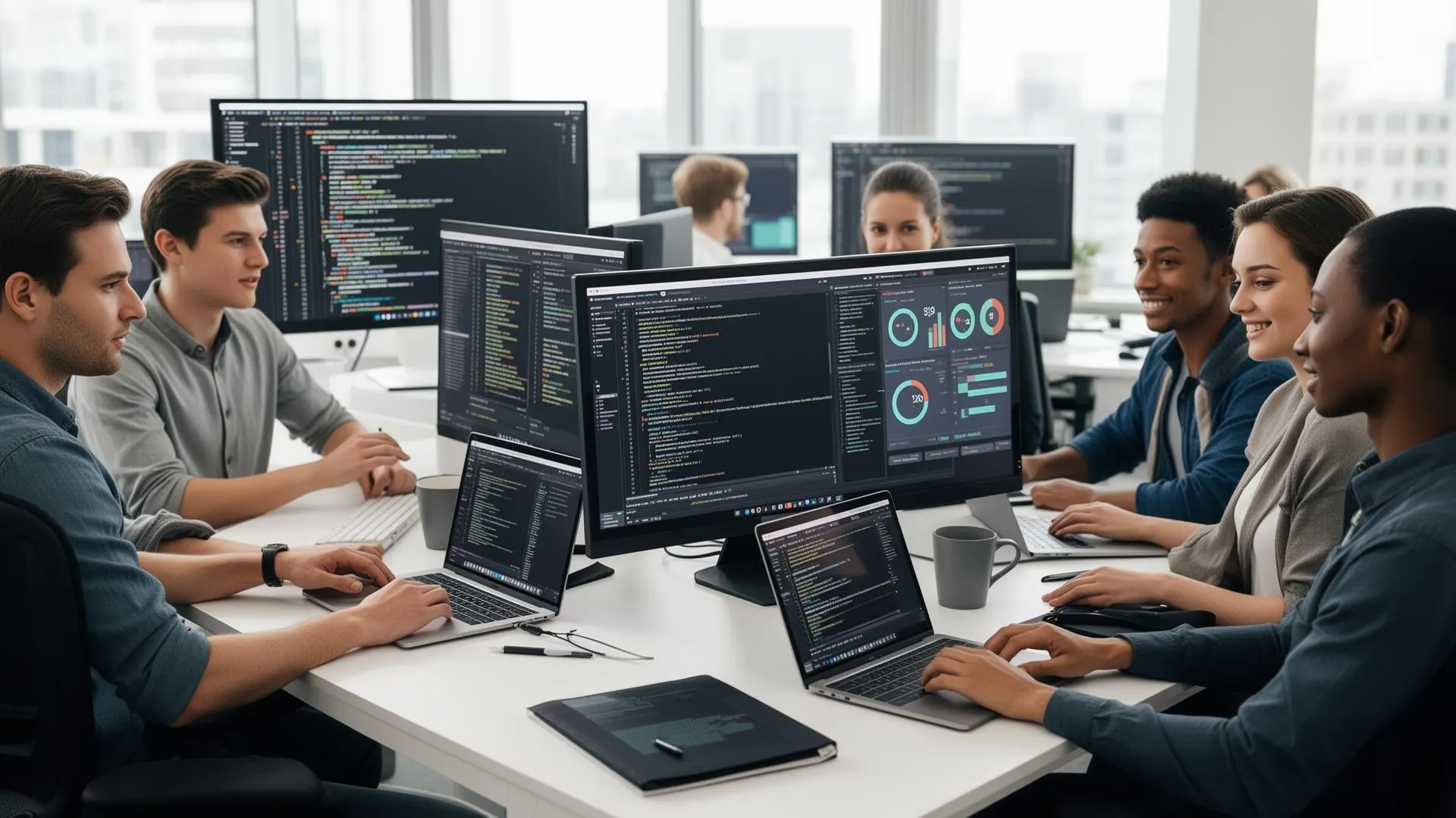 Diverse development team collaborating on a custom software architecture at Connect Firm office