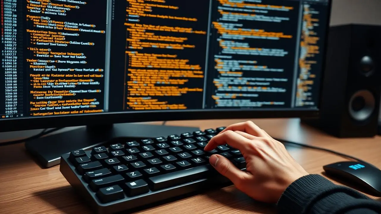 Developer coding on a premium mechanical keyboard with code syntax visible on dual monitors at Connect Firm