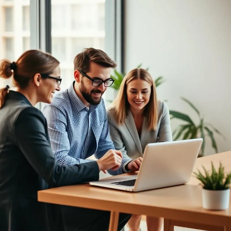 Business professionals discussing digital marketing strategy on a laptop in a modern office