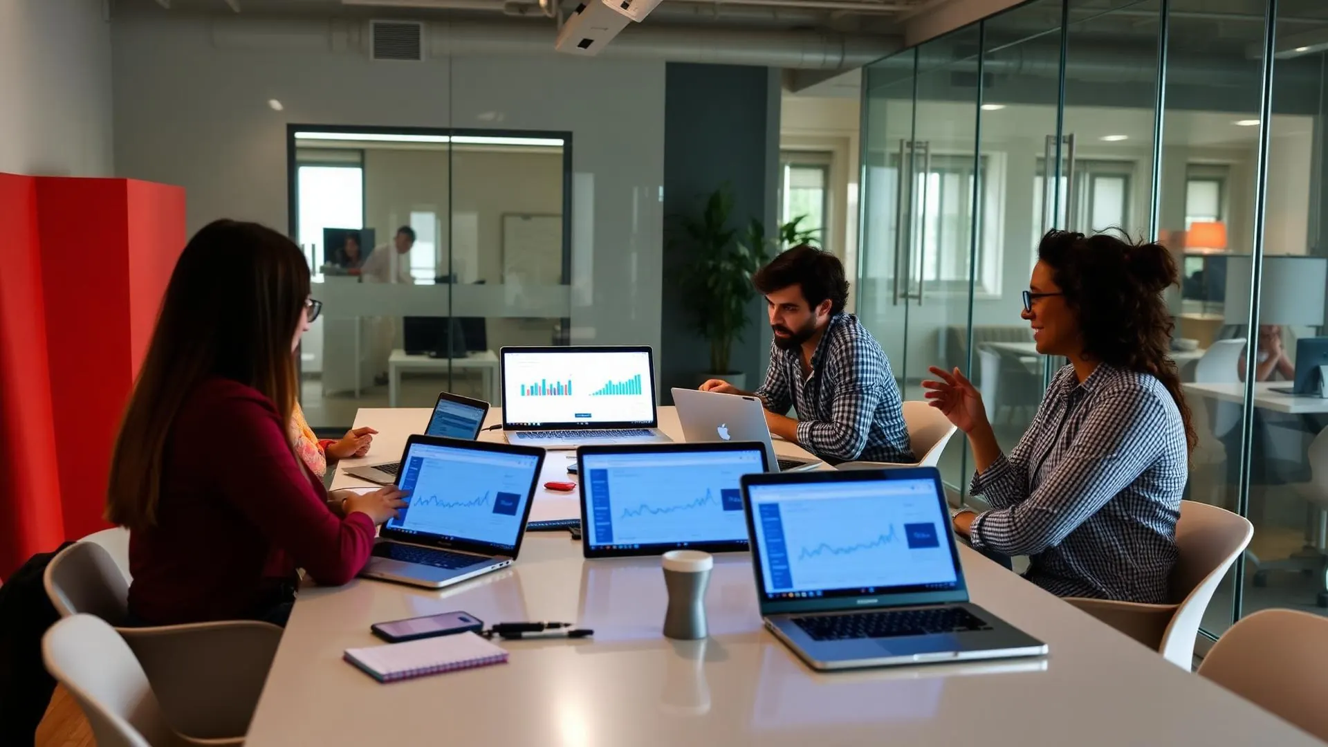 Connect Firm digital marketing team brainstorming strategies using analytics dashboards in a modern office